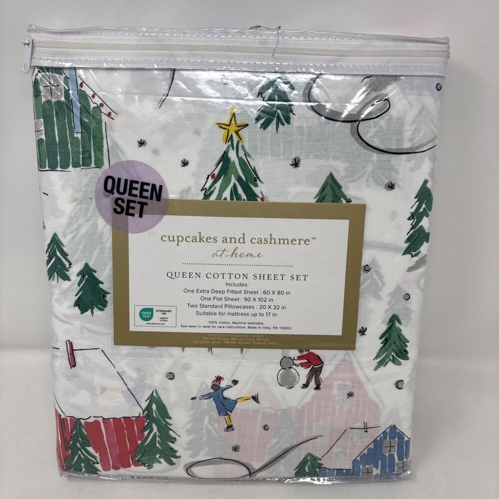 Cupcakes & Cashmere Christmas Village Ice Skating Cotton QUEEN Sheet Set NWT